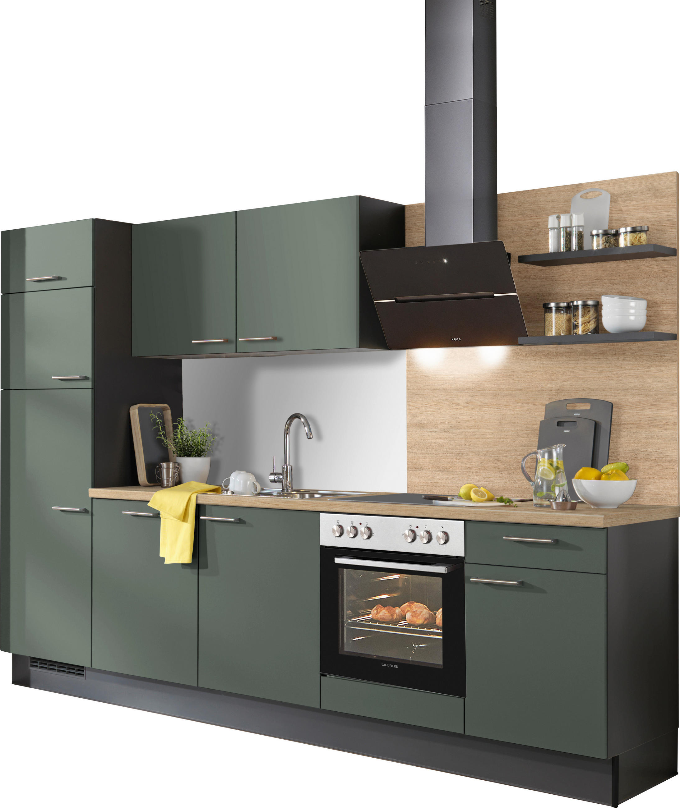 KÜCHENBLOCK 290 cm   in Graphitfarben, Eichefarben, Dunkelgrün  - Dunkelgrün/Edelstahlfarben, Design, Holzwerkstoff/Metall (290cm) - Xora