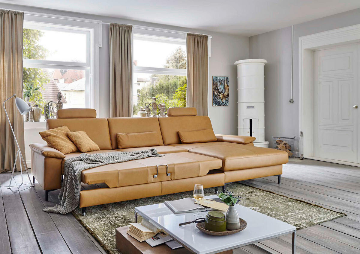 ECKSOFA in Echtleder Currygelb  - Currygelb/Schwarz, Design, Leder/Metall (175/334cm) - Dieter Knoll