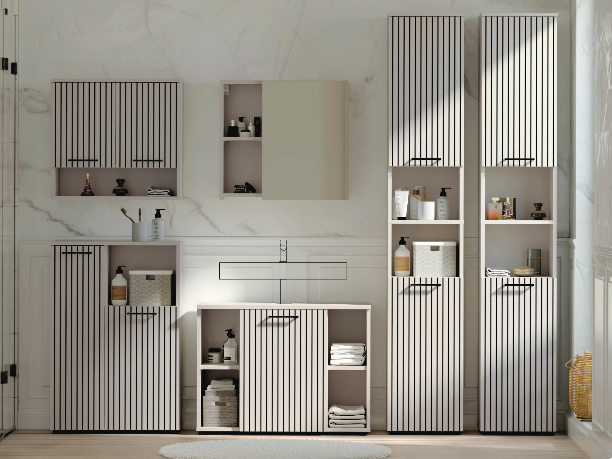 BADEZIMMER 6-teilig  in 255 cm  - Kaschmir/Schwarz, Trend, Glas/Holzwerkstoff (255cm) - Respekta