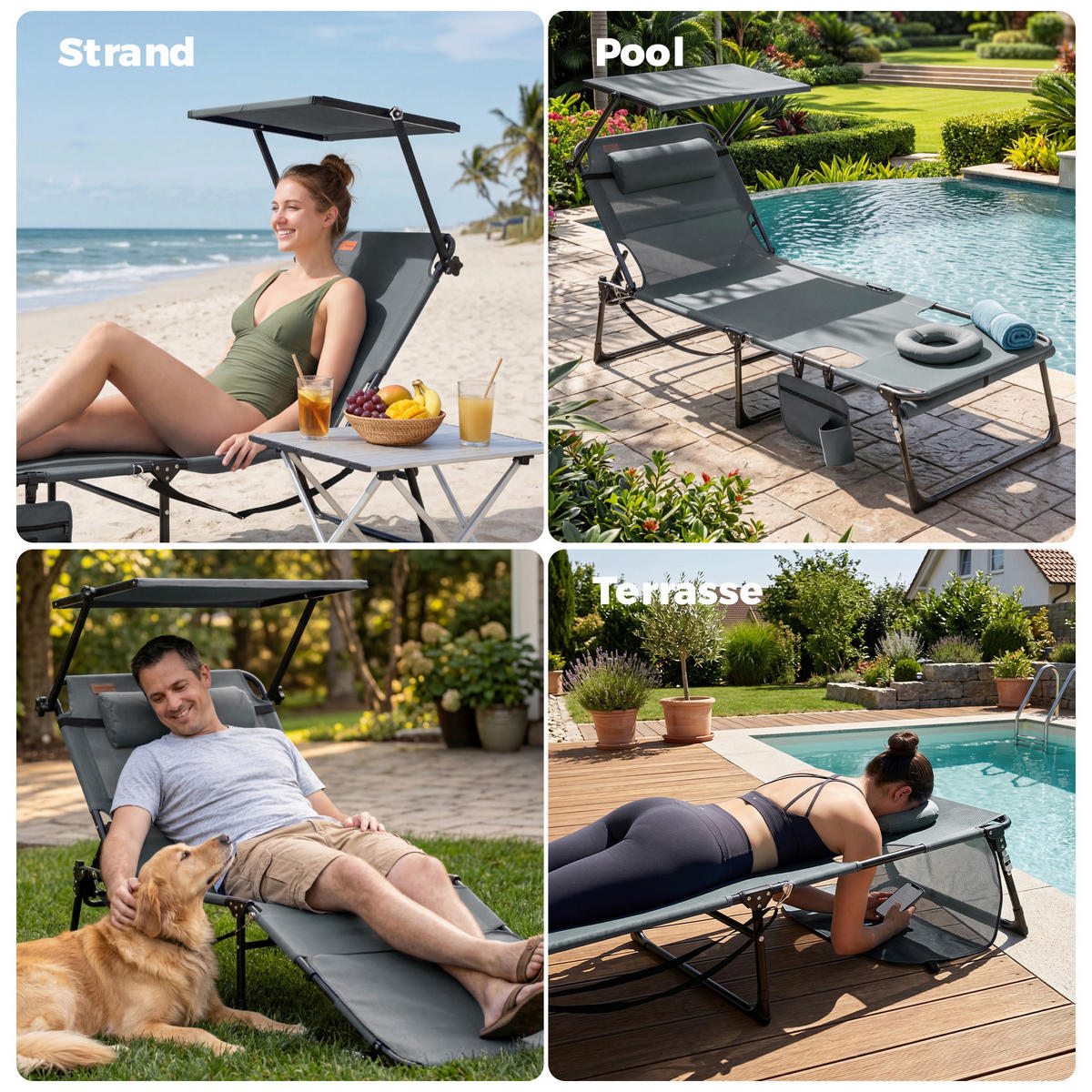 SONNENLIEGE 70/34/200 cm  - Dunkelgrau/Anthrazit, Basics, Textil/Metall (70/34/200cm) - Modante