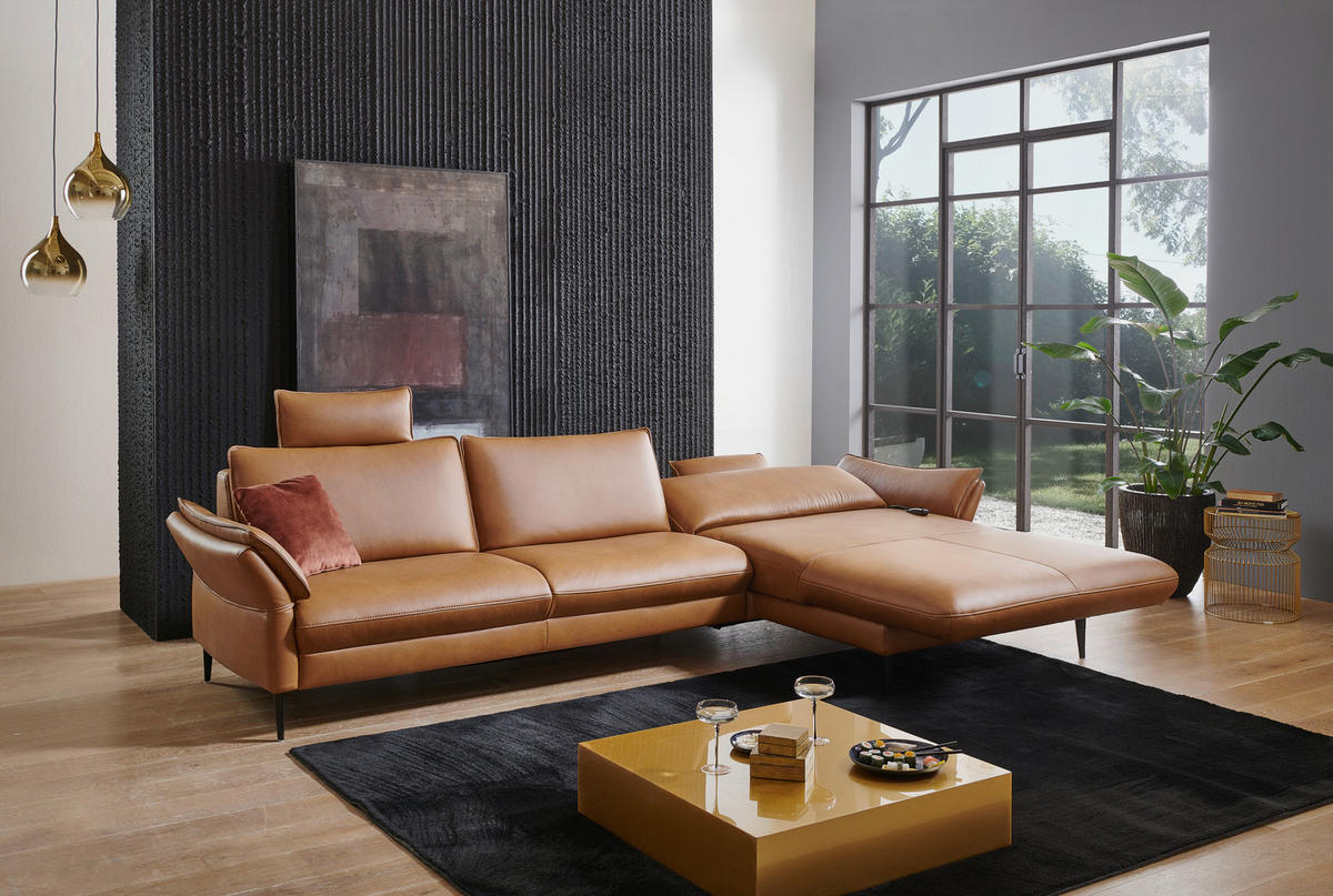 ECKSOFA in Echtleder Braun  - Schwarz/Braun, Design, Leder/Metall (334/172cm) - Valdera