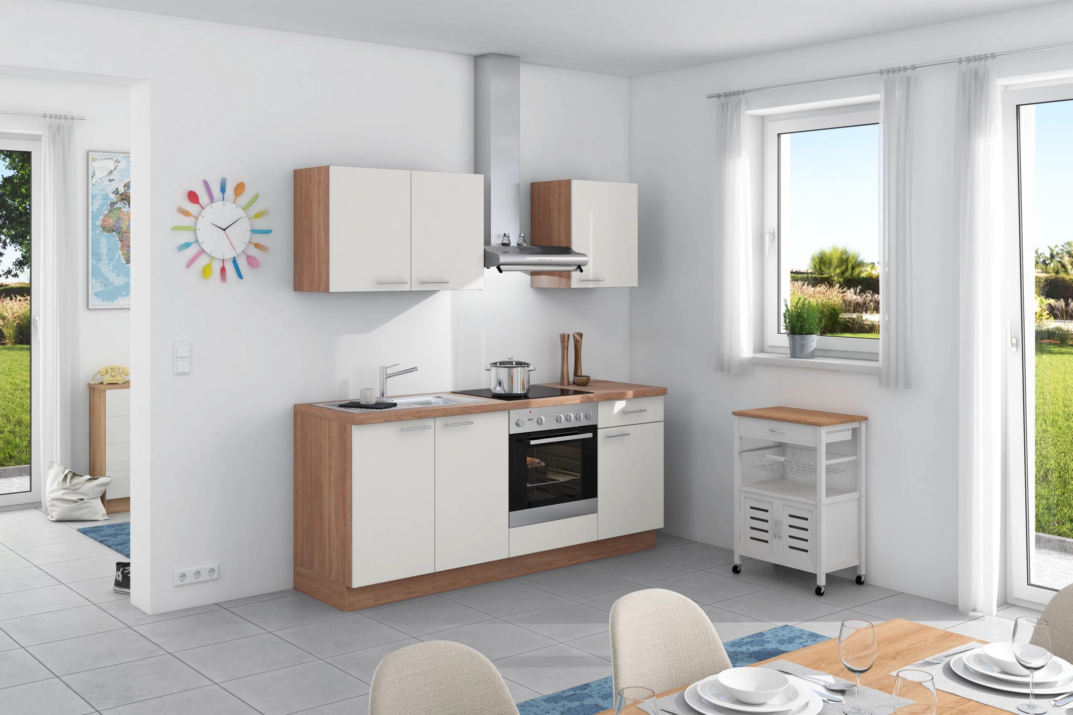 Küchenzeile Base ohne Geräte 200 cm Weiß/Bergeiche