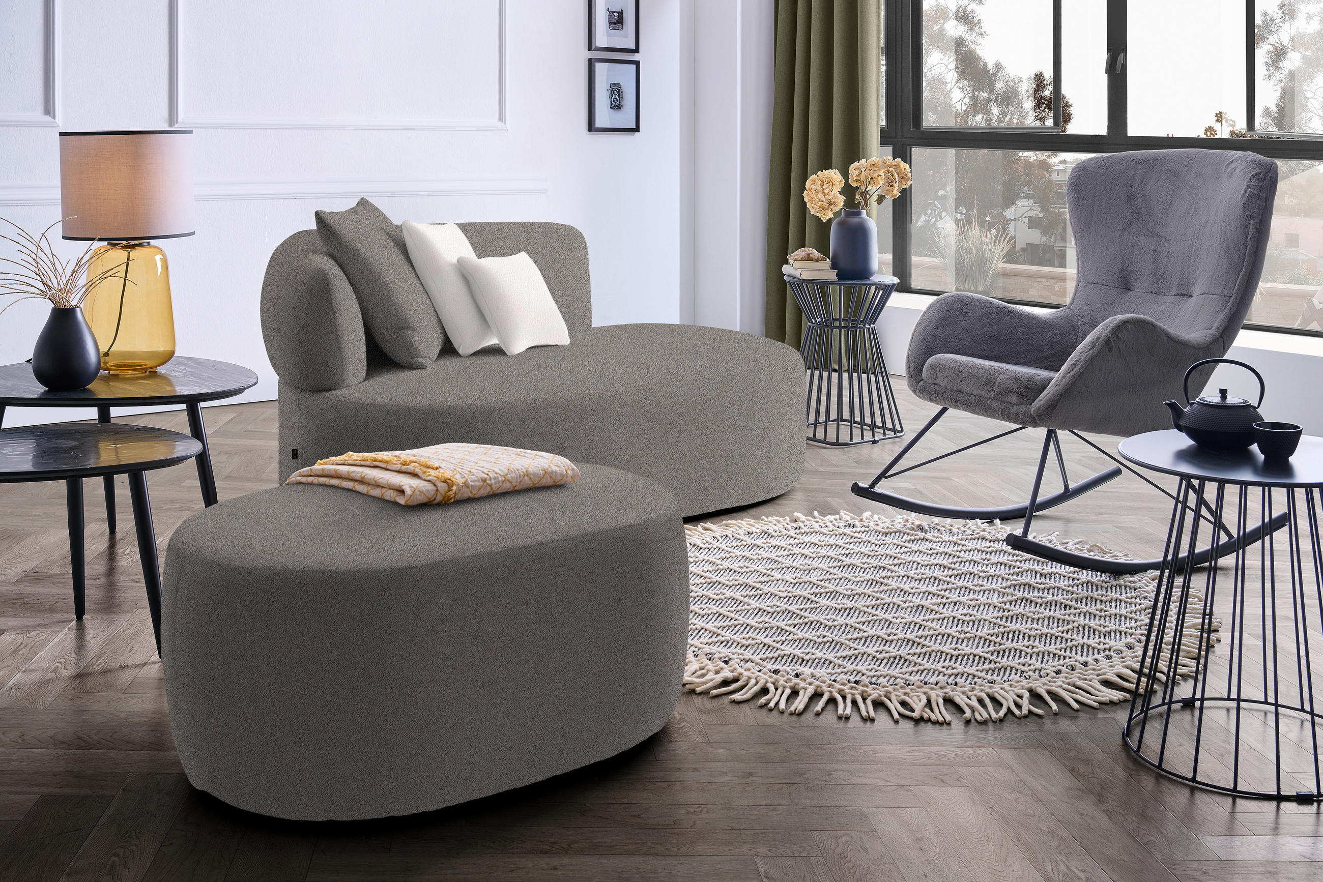 RÉCAMIERE in Plüsch Creme, Graphitfarben  - Creme/Schwarz, MODERN, Kunststoff/Textil (166/86/105cm) - Hom`in