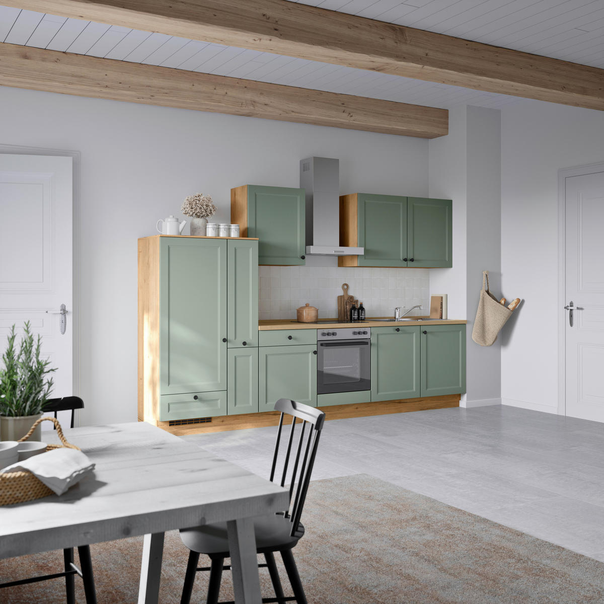 KÜCHENBLOCK Cascada 330 cm  in Grün, Eichefarben  - Eichefarben/Schwarz, MODERN, Holzwerkstoff/Metall (330cm) - Nobilia