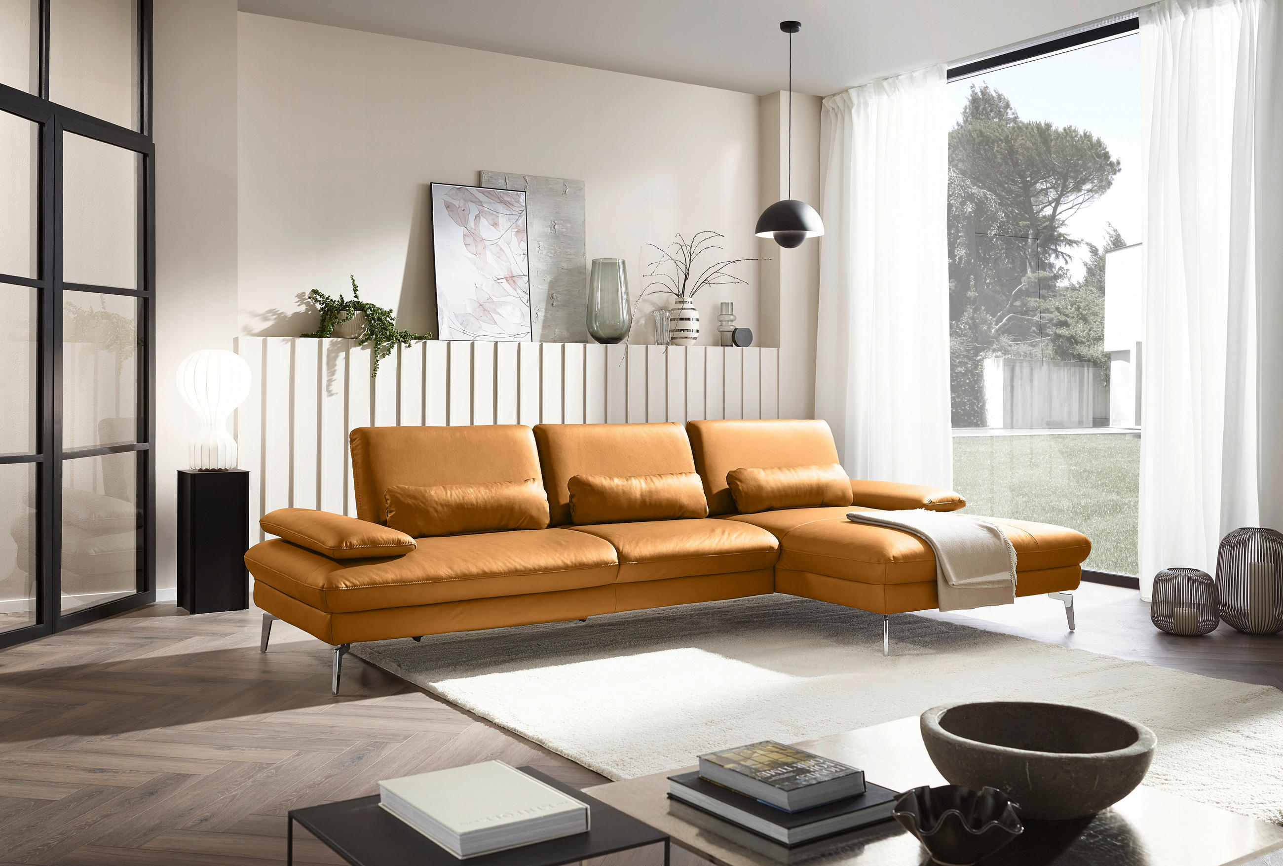 ECKSOFA Currygelb Echtleder  - Chromfarben/Currygelb, Design, Leder/Metall (325/157cm) - Dieter Knoll