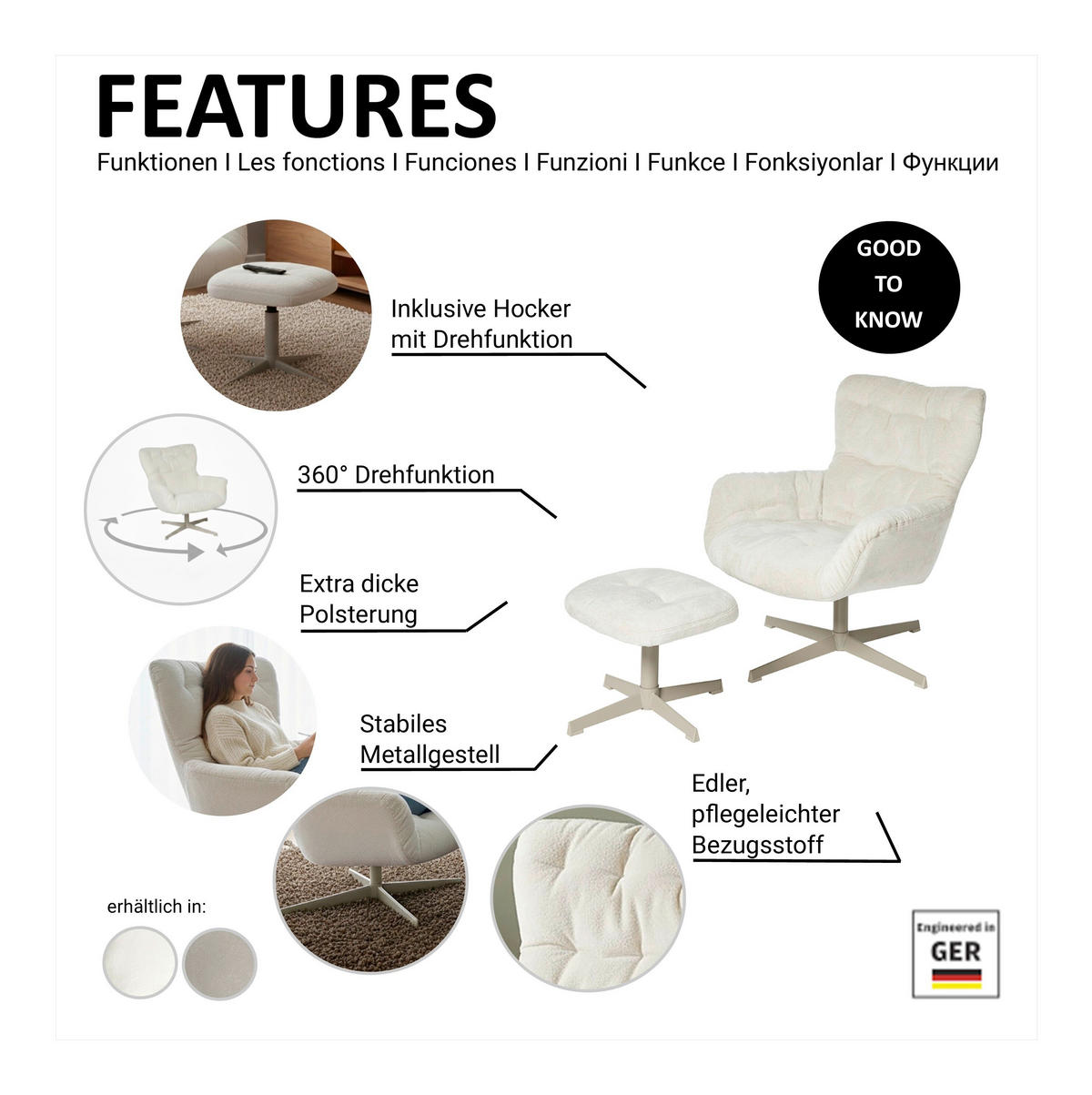 RELAXSESSELSET in Holz, Metall, Textil Creme  - Creme, MODERN, Holz/Textil (83/88/80cm) - MID.YOU