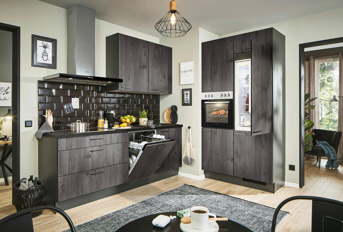 ECKKÜCHE 220/120 cm  in Graphitfarben, Schwarz, Lavagrau  - Eiche dunkel/Lavagrau, Design, Holzwerkstoff/Metall (220/120cm) - Xora