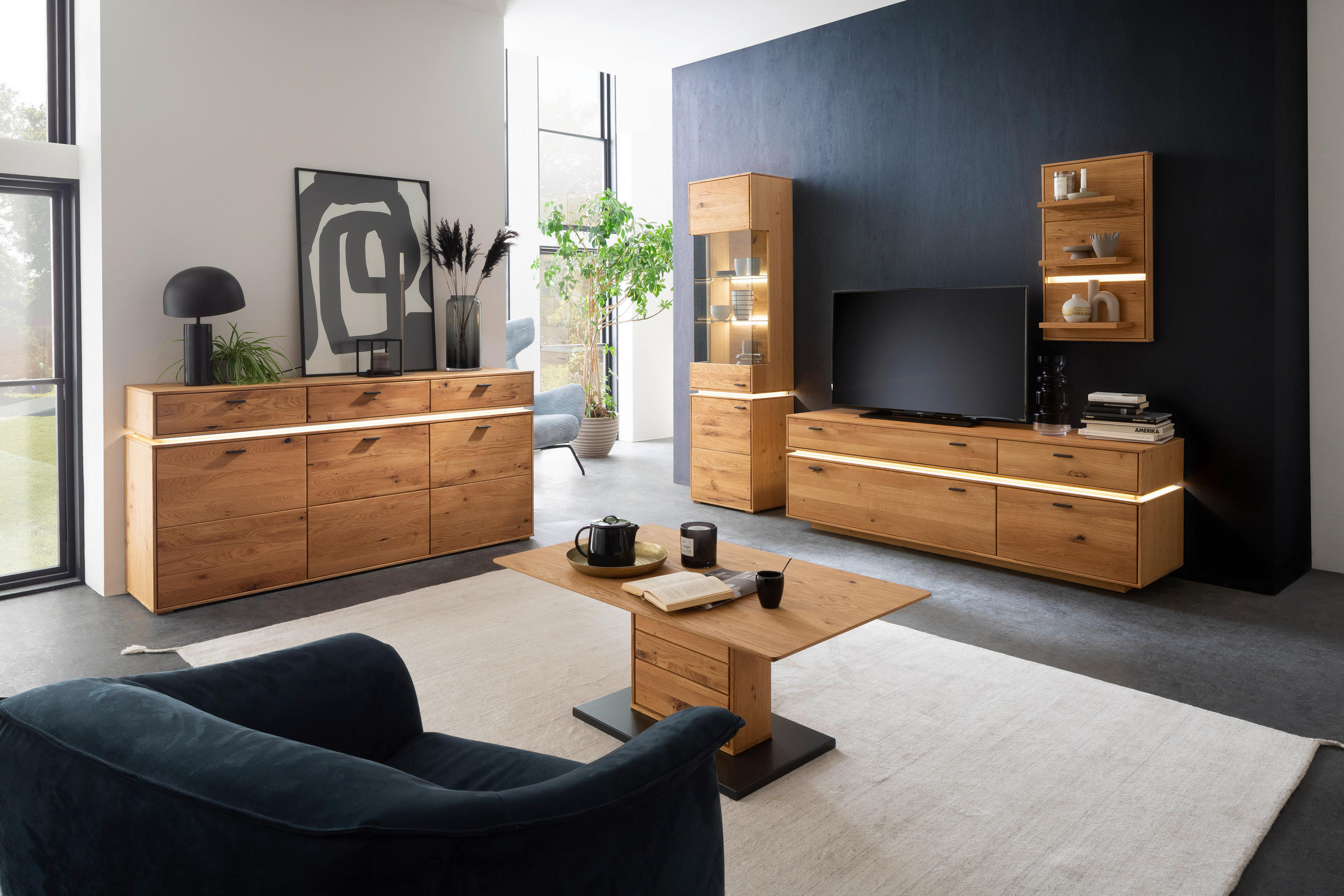 WOHNWAND  in Wildeiche 246/202/51 cm  - Wildeiche/Anthrazit, Natur, Glas/Holz (246/202/51cm) - MID.YOU