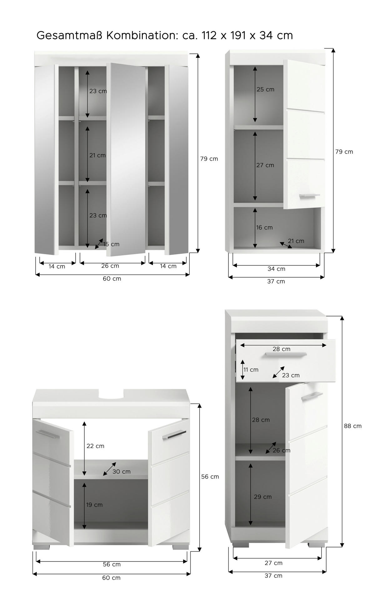 BADEZIMMER 4-teilig  in 97 cm  - Weiß Hochglanz/Silberfarben, MODERN, Glas/Holzwerkstoff (97cm) - MID.YOU