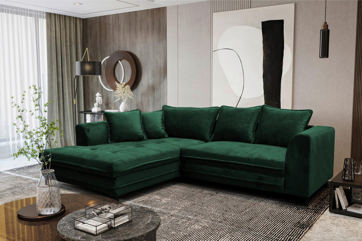 ECKSCHLAFSOFA  mit Rücken echt, Armteil links Velours Grün  - Schwarz/Grün, Design, Textil/Metall (187/277cm) - Livetastic