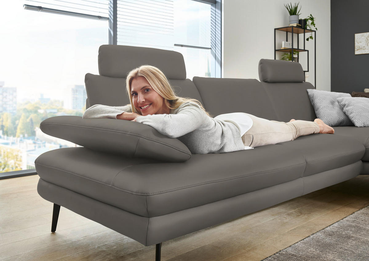 ECKSOFA in Echtleder Hellgrau  - Hellgrau/Schwarz, Design, Leder/Metall (310/180cm) - Dieter Knoll