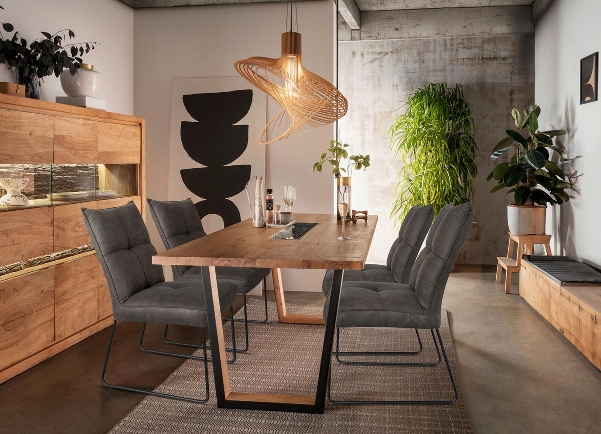 Masă din lemn, metal, sticlă, 180/90/76 cm,   - maro/gri, Natur, sticlă/lemn (180/90/76cm) - P & B