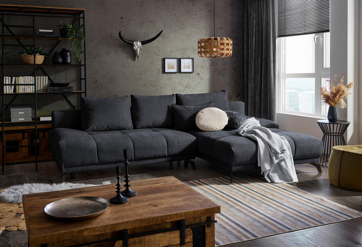 ECKSOFA in Chenille Dunkelblau  - Schwarz/Dunkelblau, Modern, Textil/Metall (290/182cm) - Hom`in