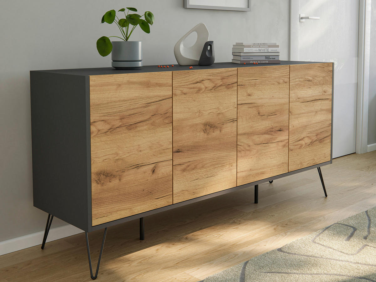 SIDEBOARD Posseik Industrial  in 155/75,8/42 cm  - Eichefarben/Graphitfarben, Design, Holzwerkstoff/Metall (155/75,8/42cm) - P & B