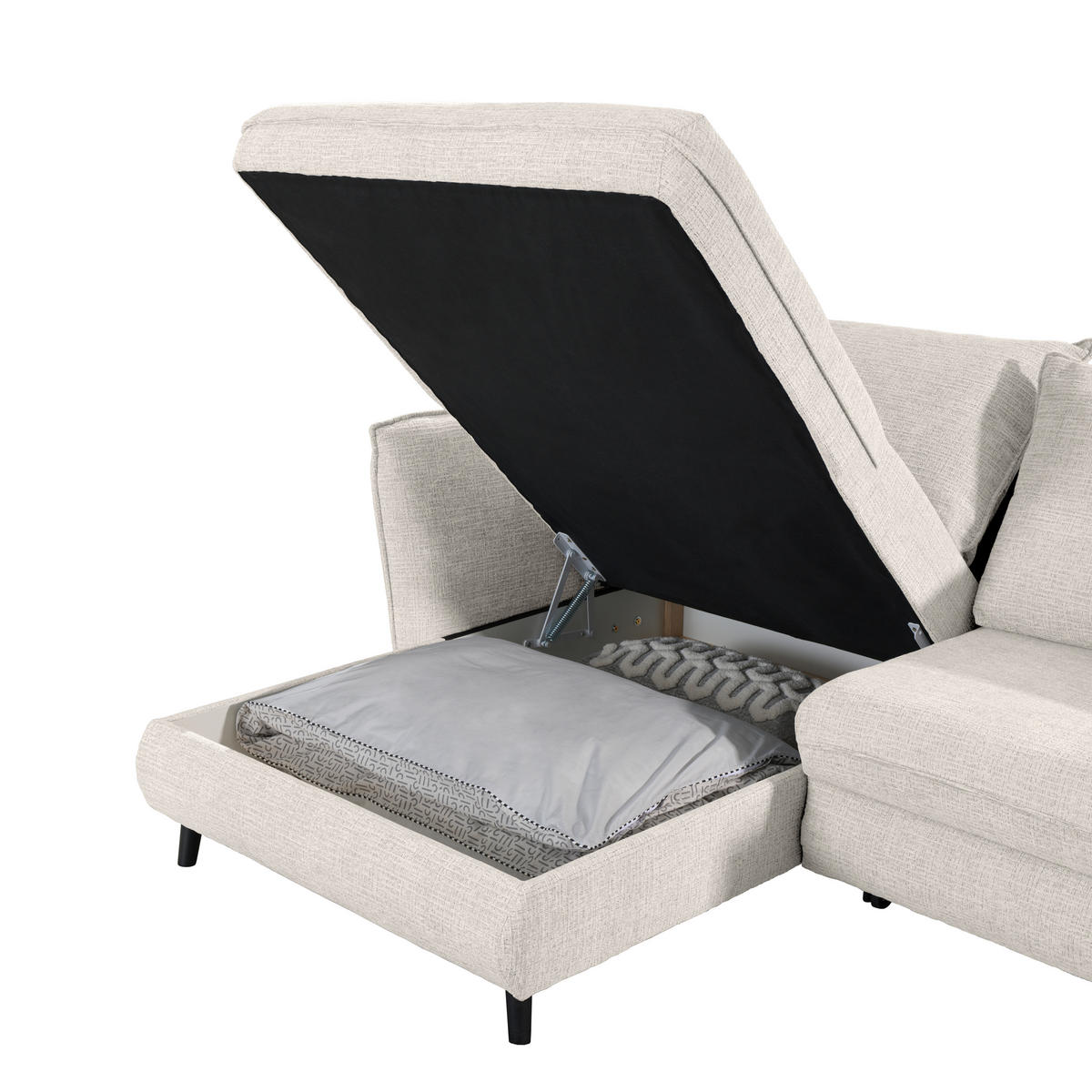 ECKSOFA inkl. Funktionen in Struktur Creme  - Creme/Schwarz, Design, Holz/Textil (245/161cm) - Stylife
