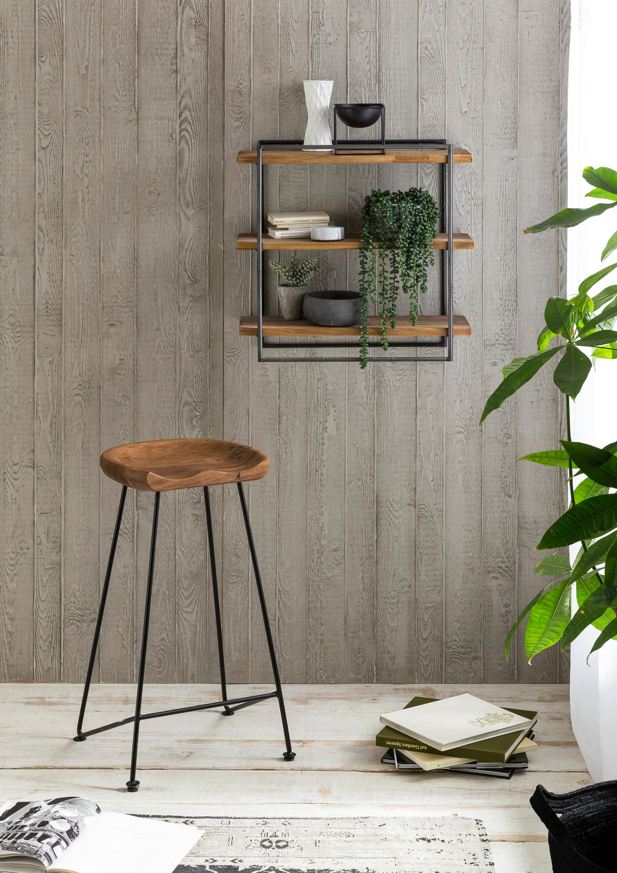 WANDREGAL 61/60/22 cm  - Schwarz/Naturfarben, Design, Holz/Metall (61/60/22cm) - MID.YOU