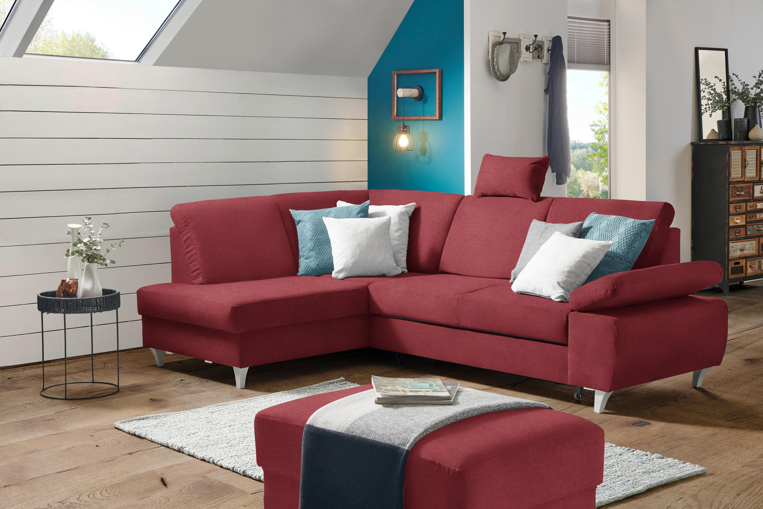 ECKSOFA in Flachgewebe Rot  - Silberfarben/Rot, Konventionell, Holz/Textil (186/255cm) - Cantus