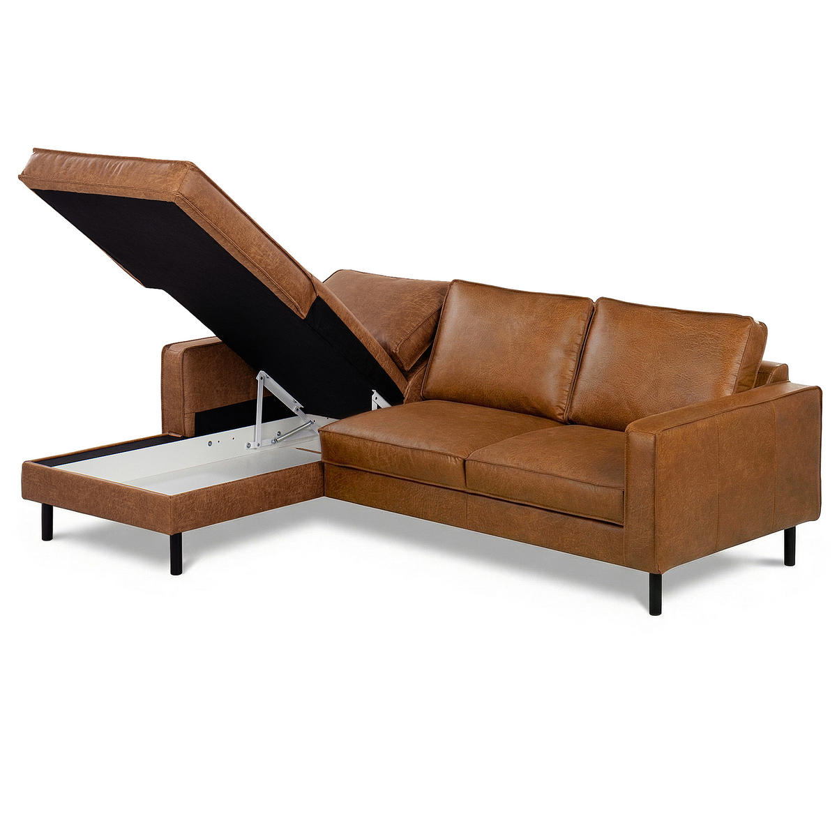 ECKSOFA  in Echtleder Cognac  - Cognac/Schwarz, Design, Leder/Metall (166/238cm) - Livetastic