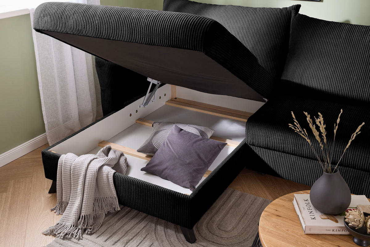 ECKSOFA in Cord Schwarz  - Schwarz, Romantik / Landhaus, Holz/Textil (245/159cm) - Stylife