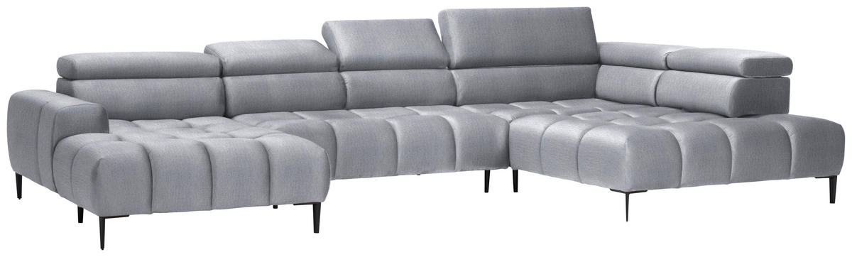 WOHNLANDSCHAFT in Samt, Webstoff Hellgrau  - Hellgrau/Schwarz, Design, Textil/Metall (177/385/216cm) - Welnova
