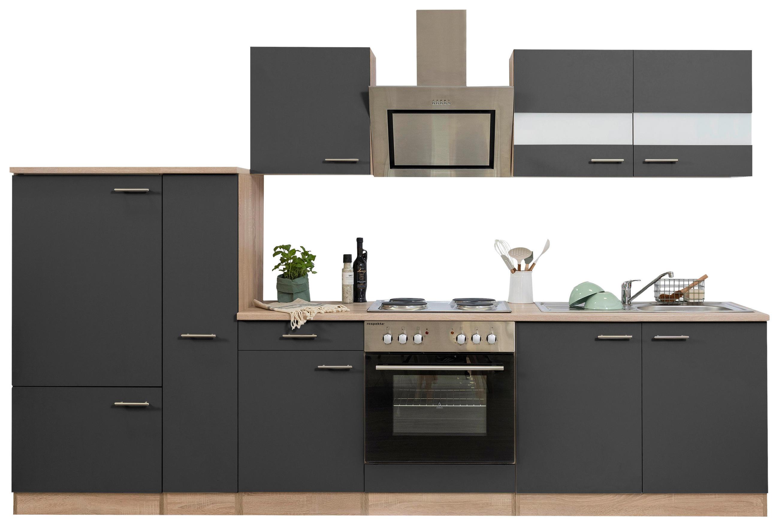 KÜCHENBLOCK 300 cm   in Grau  - Edelstahlfarben/Eichefarben, Basics, Holzwerkstoff/Metall (300cm) - Respekta