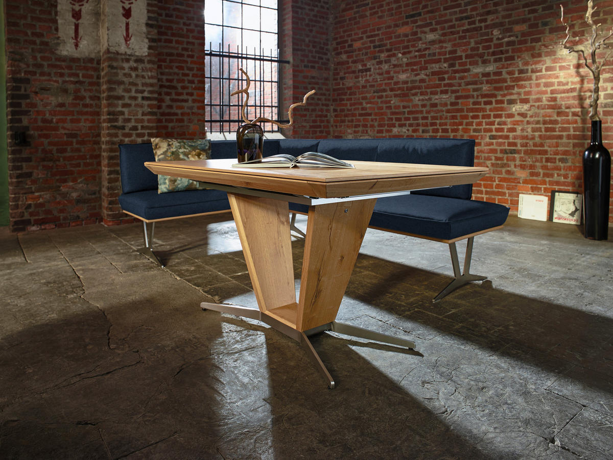 ECKBANK in Holz, Metall, Leder Dunkelblau  - Edelstahlfarben/Beige, Design, Leder/Holz (152/197cm) - Ambiente