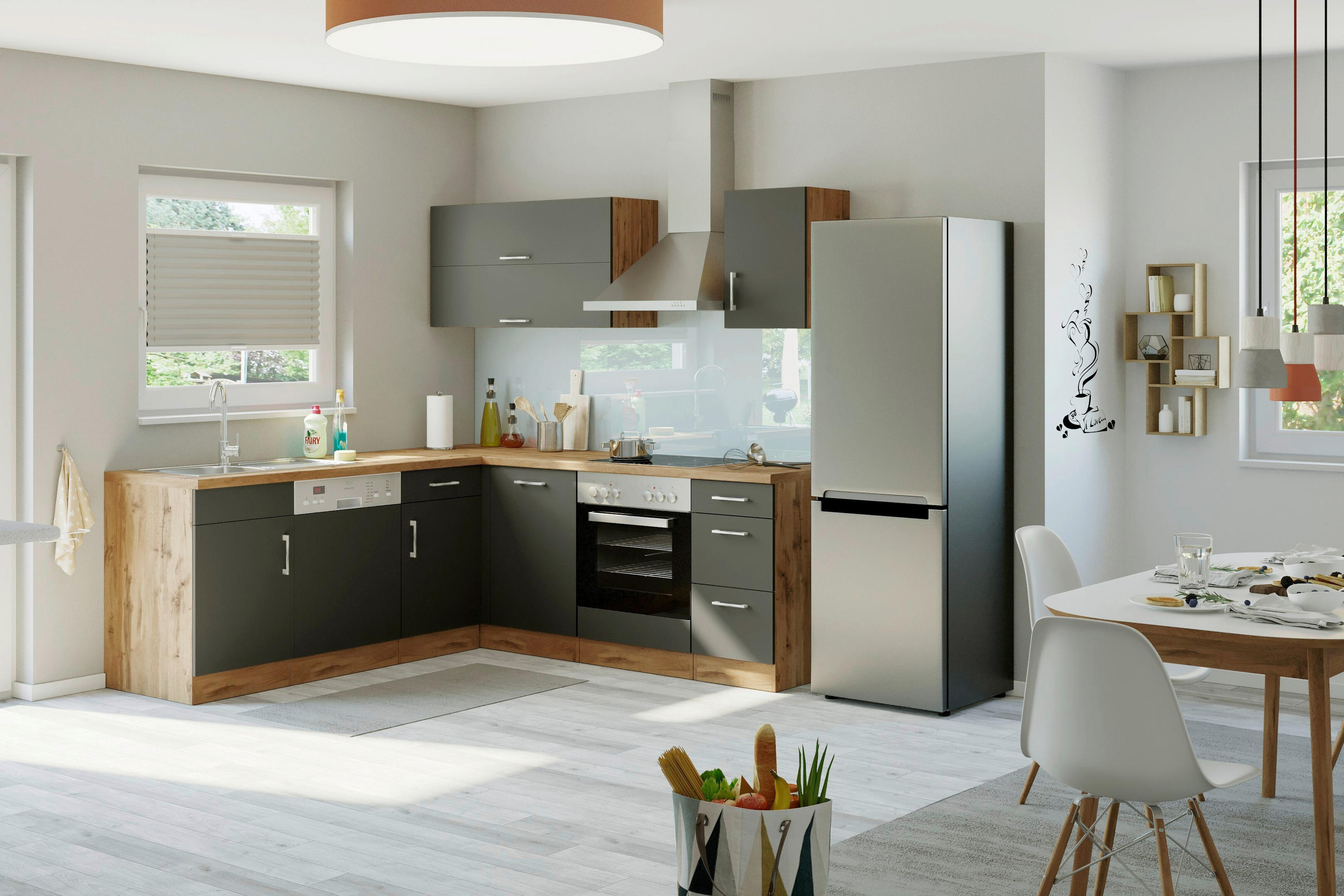 ECKKÜCHE 210/210 cm  in Anthrazit, Eiche Wotan  - Chromfarben/Anthrazit, MODERN, Holzwerkstoff/Metall (210/210cm) - Held