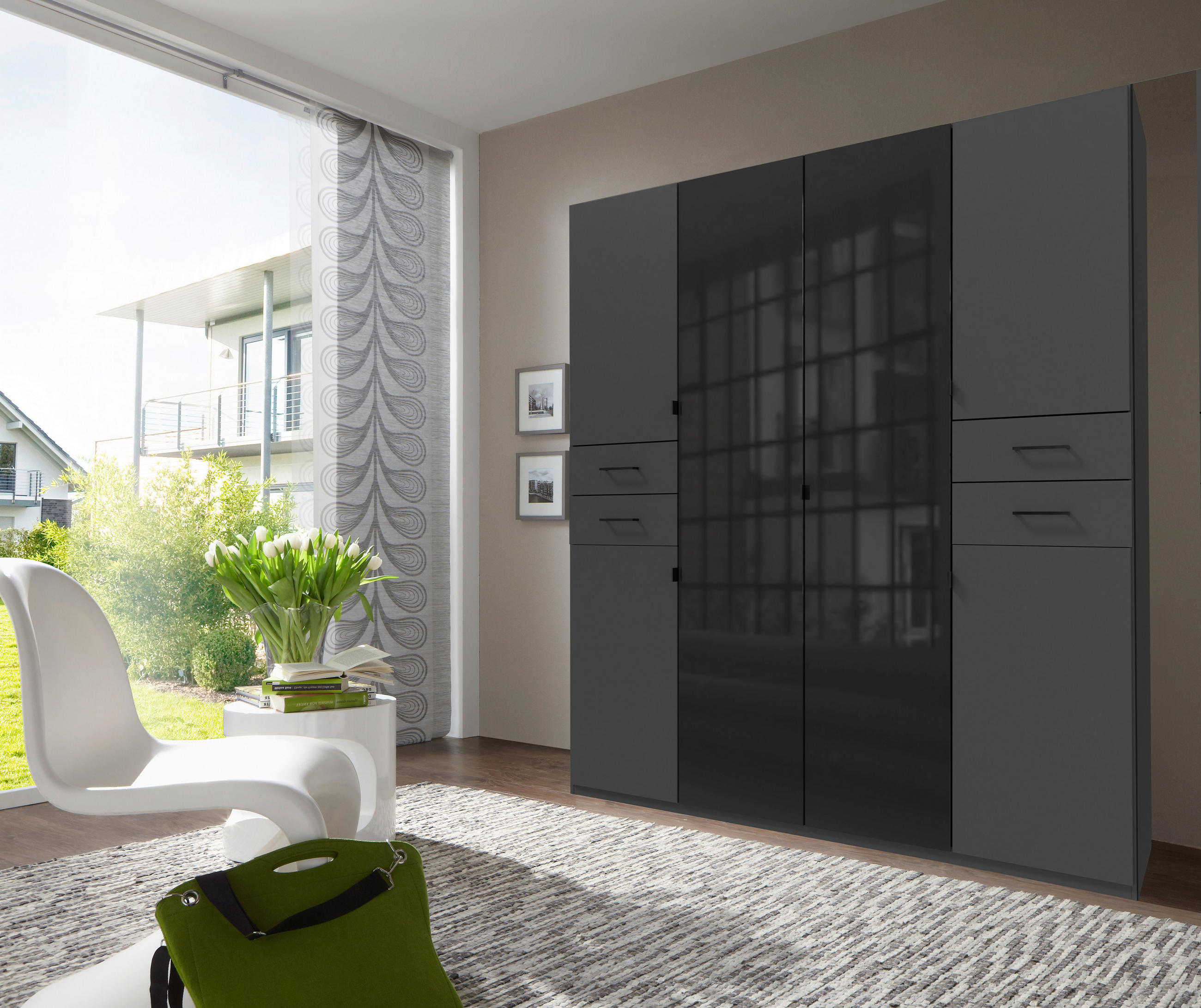 KLEIDERSCHRANK 180/208/58 cm 6-türig Graphitfarben, Schwarz  - Schwarz/Graphitfarben, KONVENTIONELL, Glas/Holzwerkstoff (180/208/58cm) - Modante