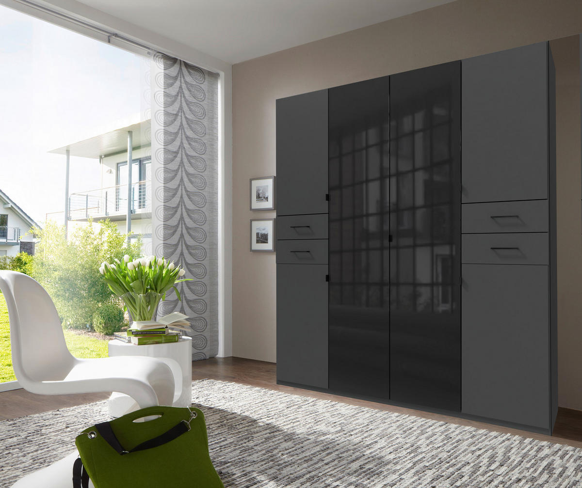 KLEIDERSCHRANK 180/208/58 cm 6-türig Graphitfarben, Schwarz  - Schwarz/Graphitfarben, KONVENTIONELL, Glas/Holzwerkstoff (180/208/58cm) - Boxxx