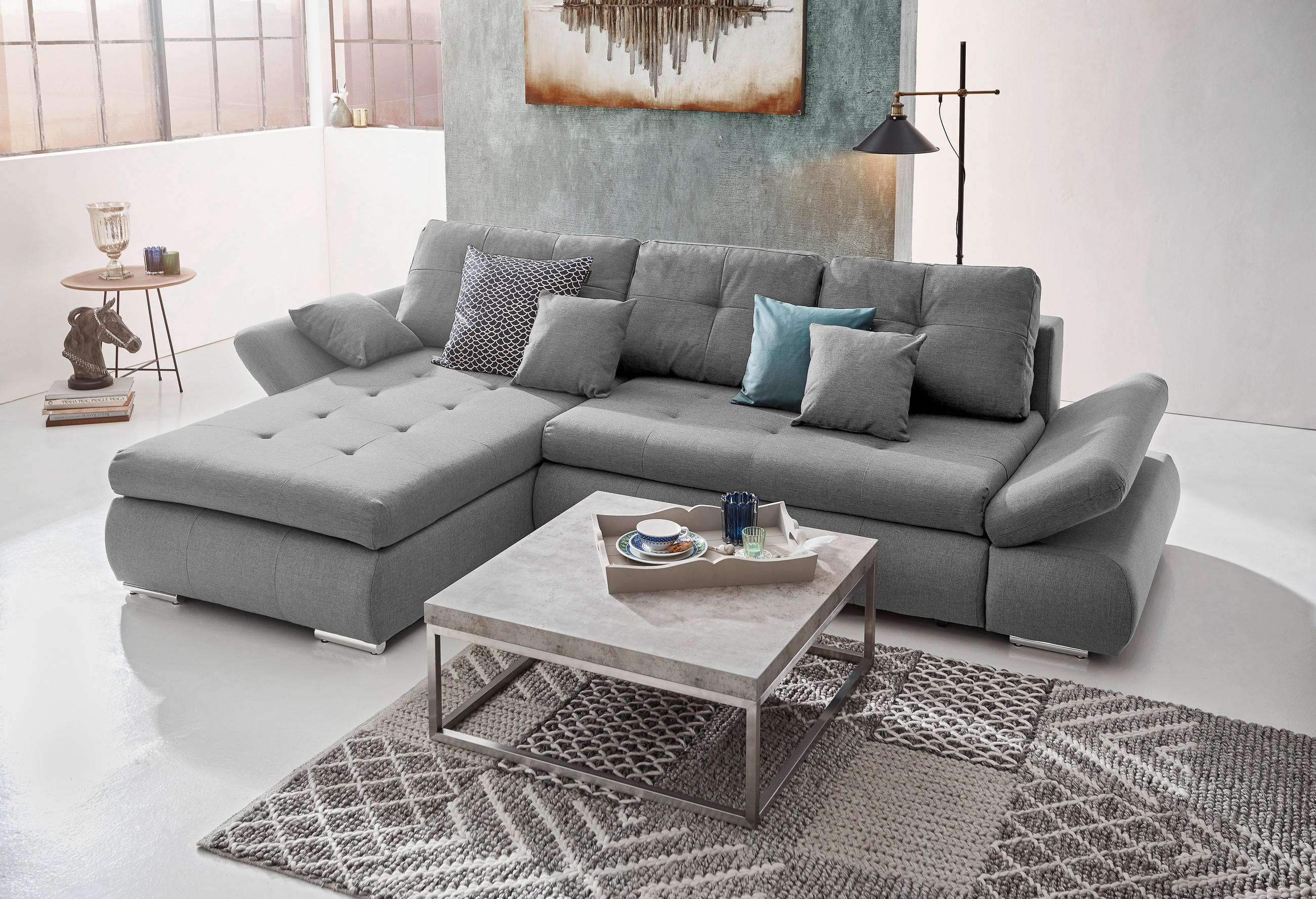 ECKSOFA Hellgrau Webstoff  - Chromfarben/Hellgrau, Design, Kunststoff/Textil (302/187cm) - Carryhome