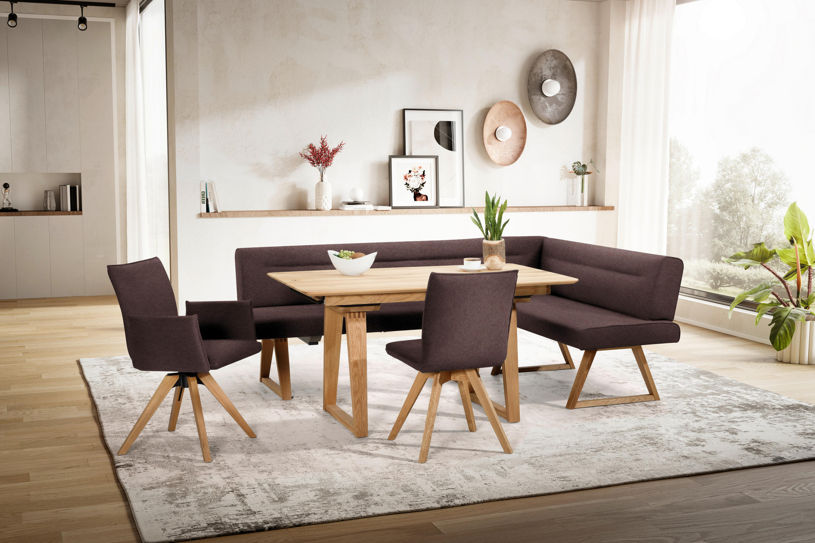 Thumbnail - Moderano Eckbank, Eiche, Dunkelbraun, Holz, Textil, Wildeiche, massiv, 5-Sitzer, L-Form, 230x170 cm, Fußauswahl, Stoffau...