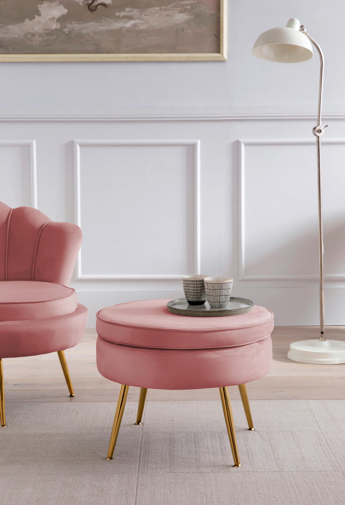 HOCKER Samt Rosa  - Goldfarben/Rosa, MODERN, Textil/Metall (52/41/52cm) - Livetastic