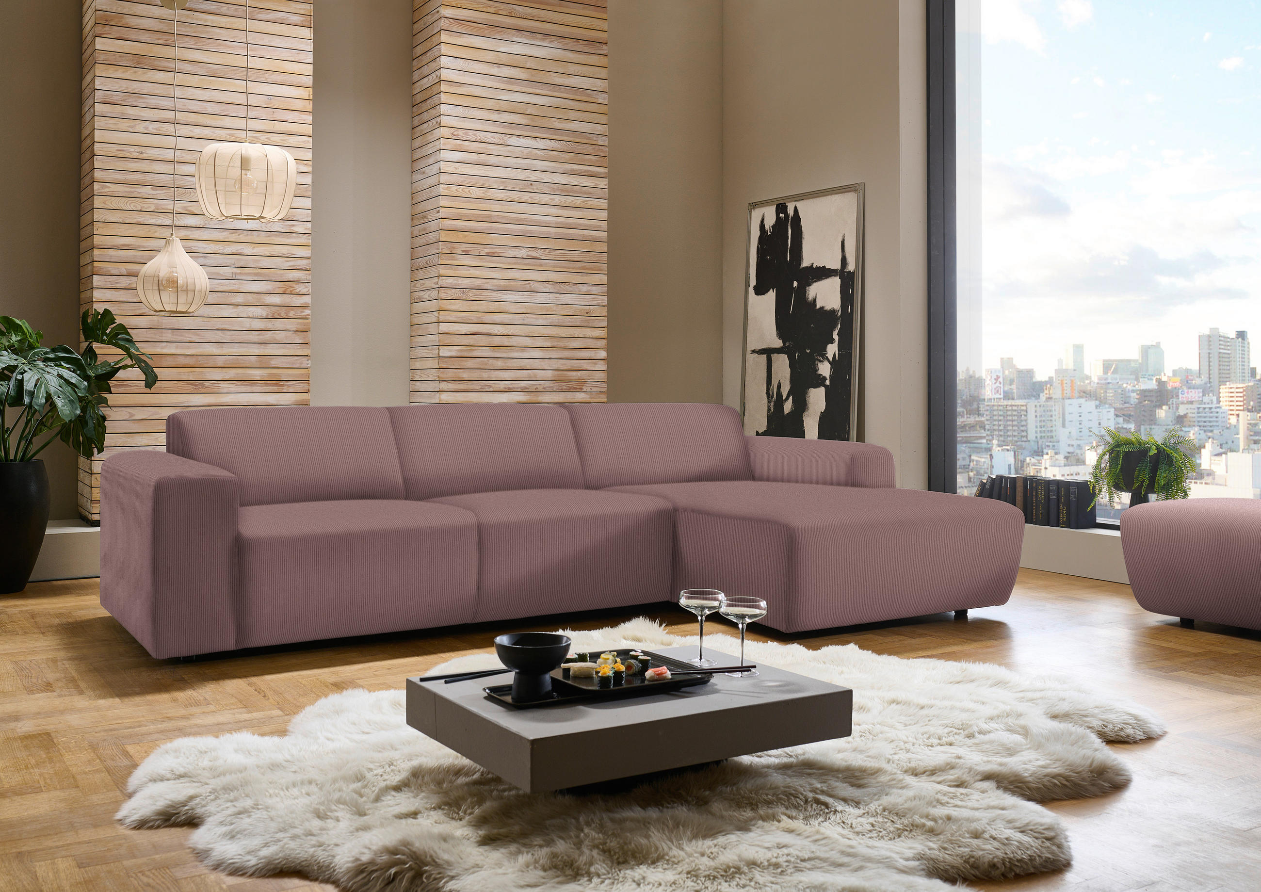 ECKSOFA in Feincord Dunkelrosa  - Dunkelrosa/Schwarz, Design, Kunststoff/Textil (301/177cm) - Beldomo Style