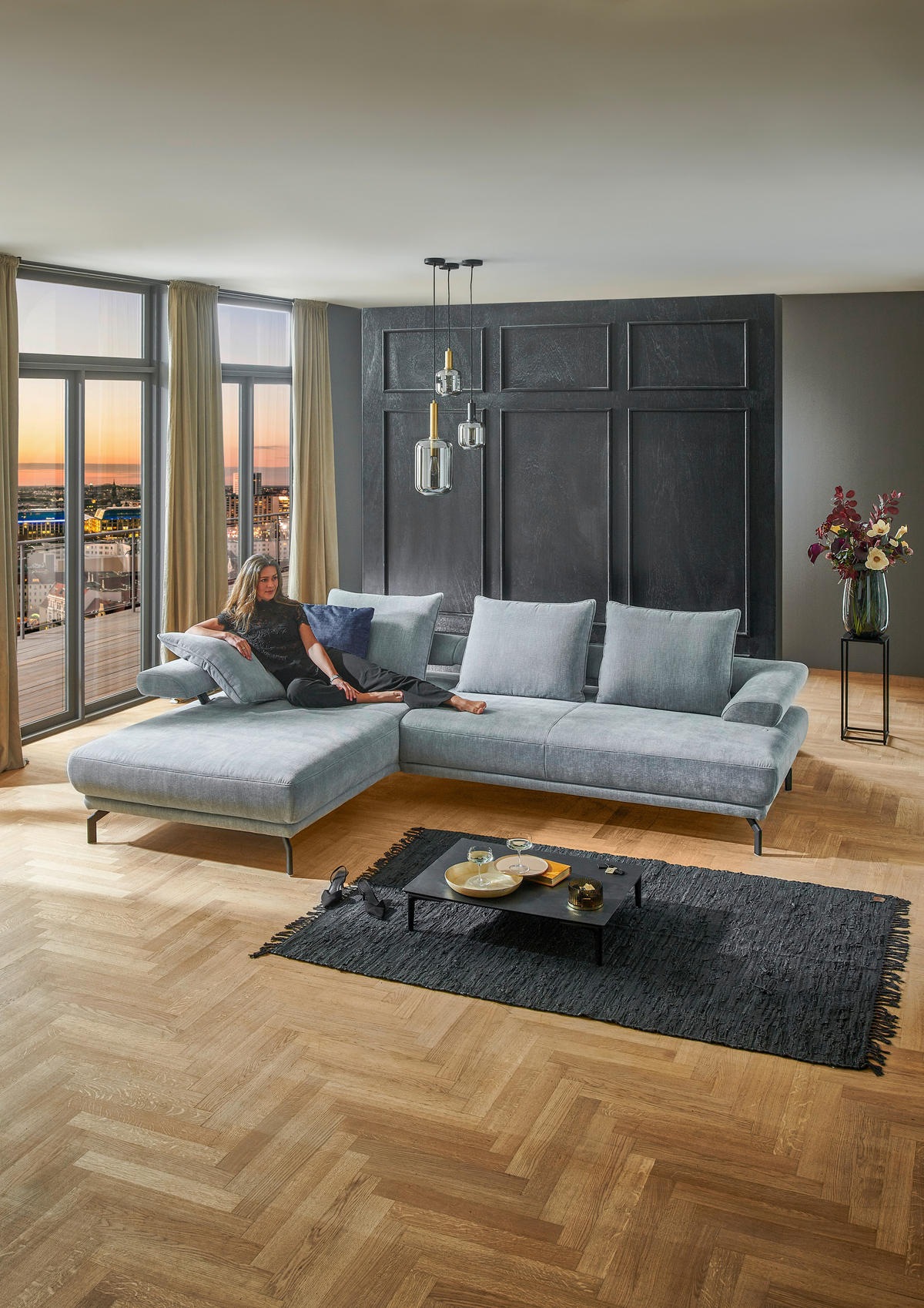 ECKSOFA in Chenille Hellblau  - Schwarz/Hellblau, Design, Textil/Metall (224/305cm) - Dieter Knoll