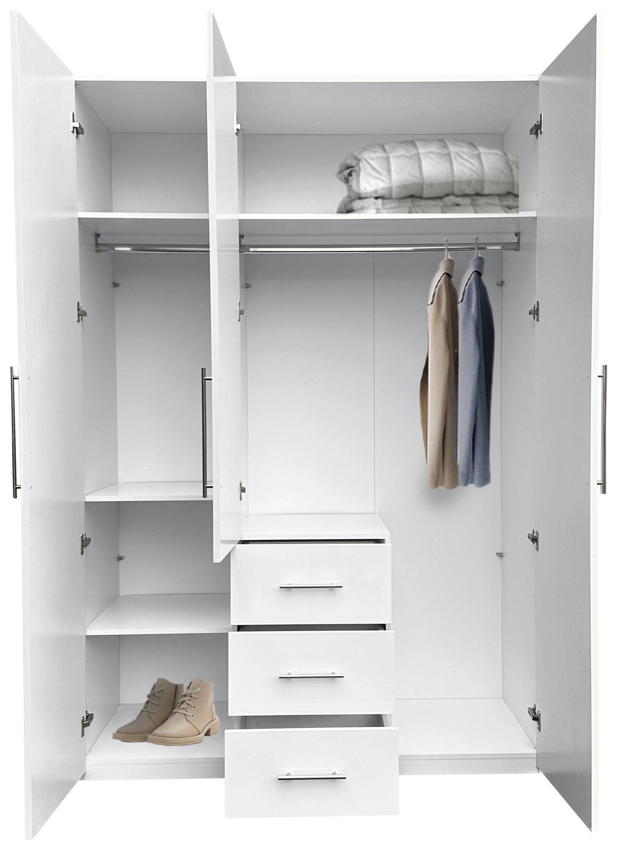 KLEIDERSCHRANK 147/219/59 cm 3-türig Weiß Hochglanz, Weiß  - Weiß Hochglanz/Alufarben, KONVENTIONELL, Holzwerkstoff/Metall (147/219/59cm) - Carryhome