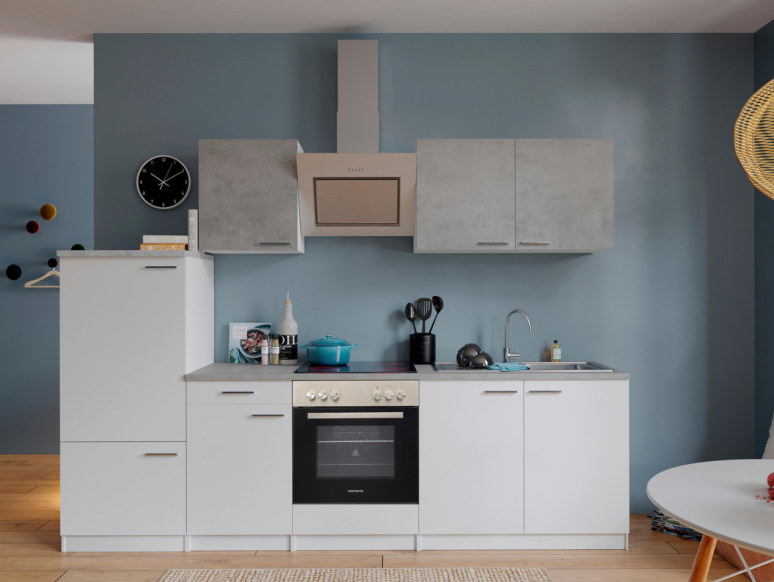 KÜCHENBLOCK 270 cm   in Grau, Weiß  - Edelstahlfarben/Graphitfarben, Basics, Holzwerkstoff/Metall (270cm) - Respekta