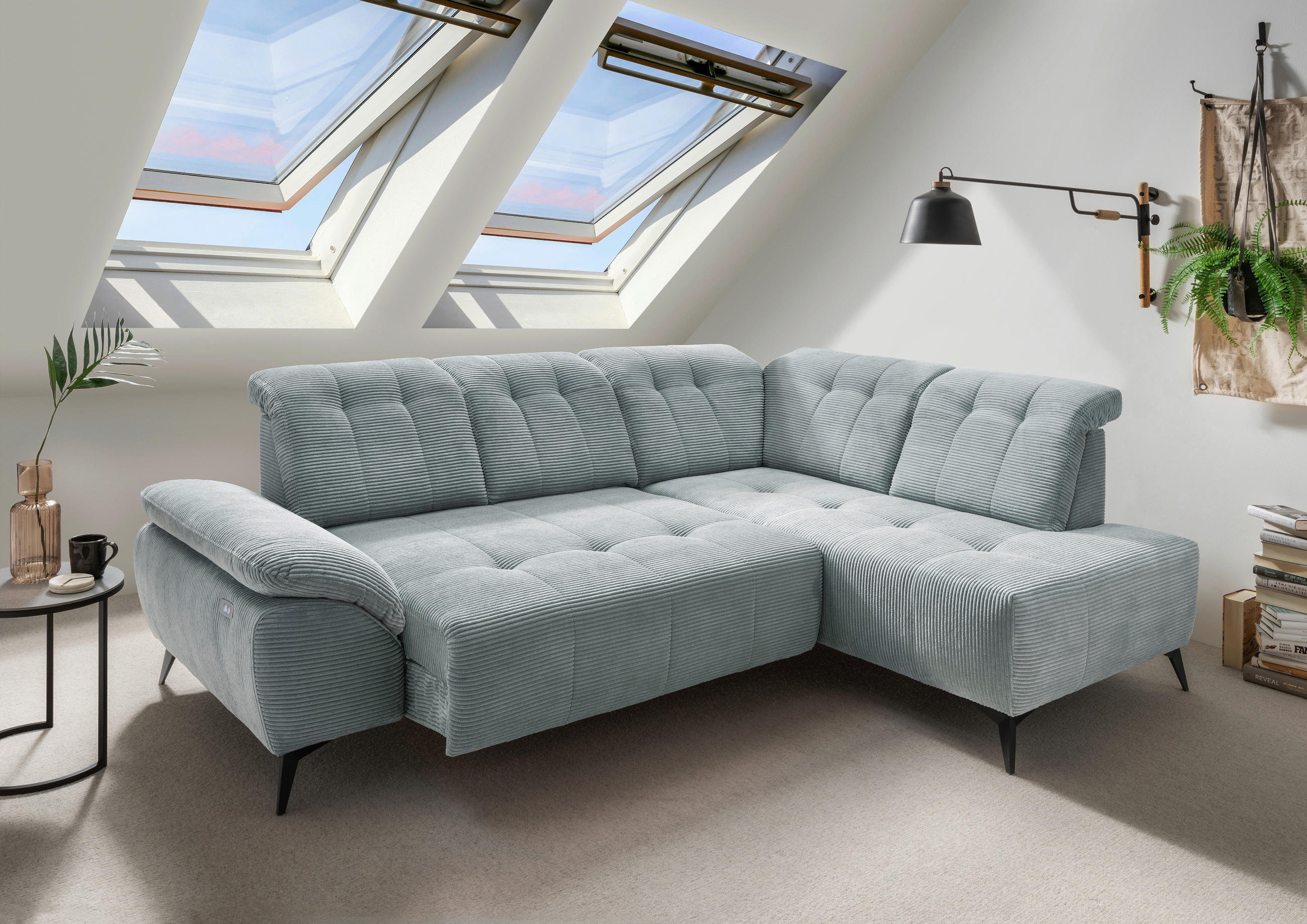 ECKSOFA in Cord Hellblau  - Schwarz/Hellblau, Modern, Textil/Metall (272/200cm) - Livetastic