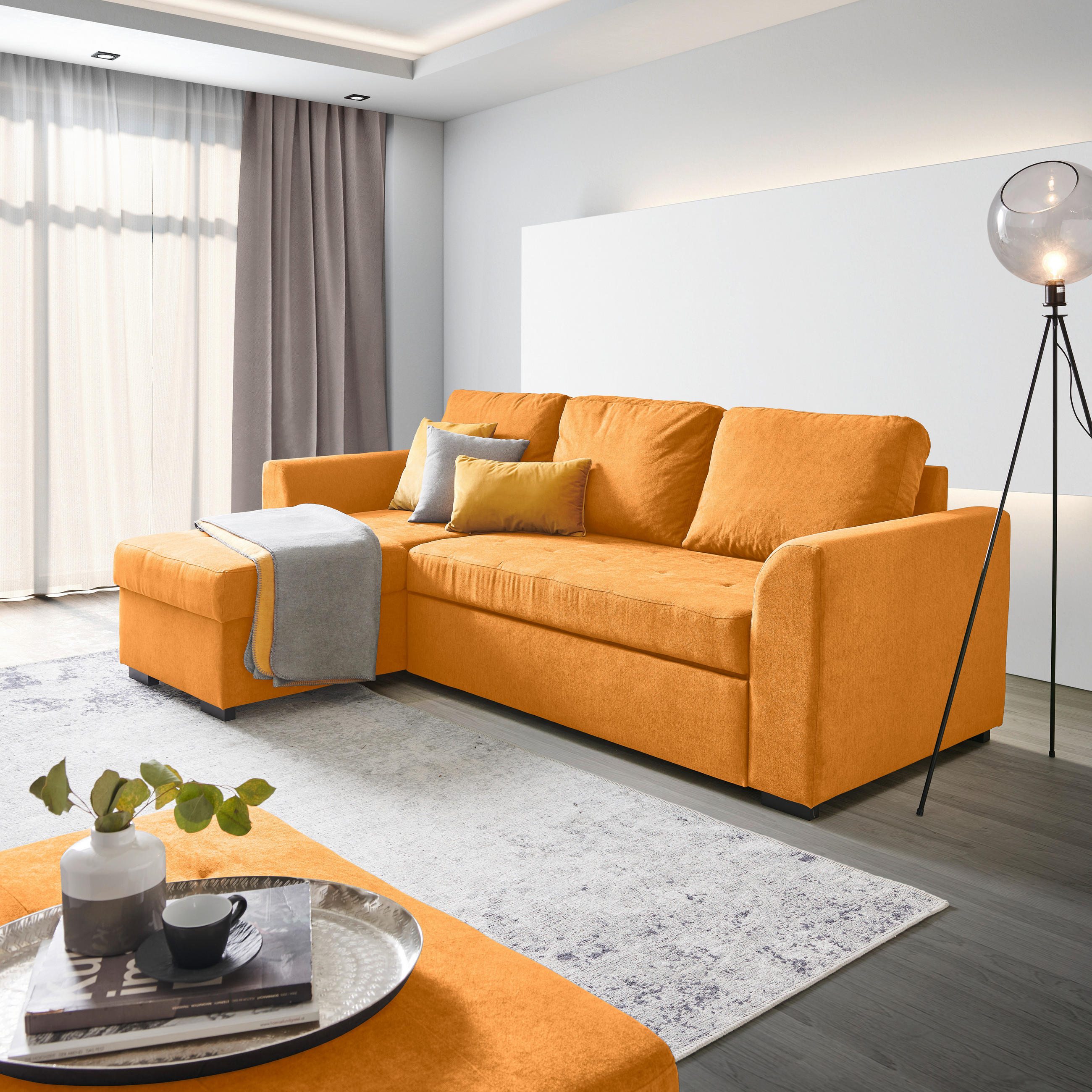 WOHNLANDSCHAFT inkl.Funktionen Orange Webstoff - Schwarz/Orange, Design, Kunststoff/Textil (155/243cm) - Xora