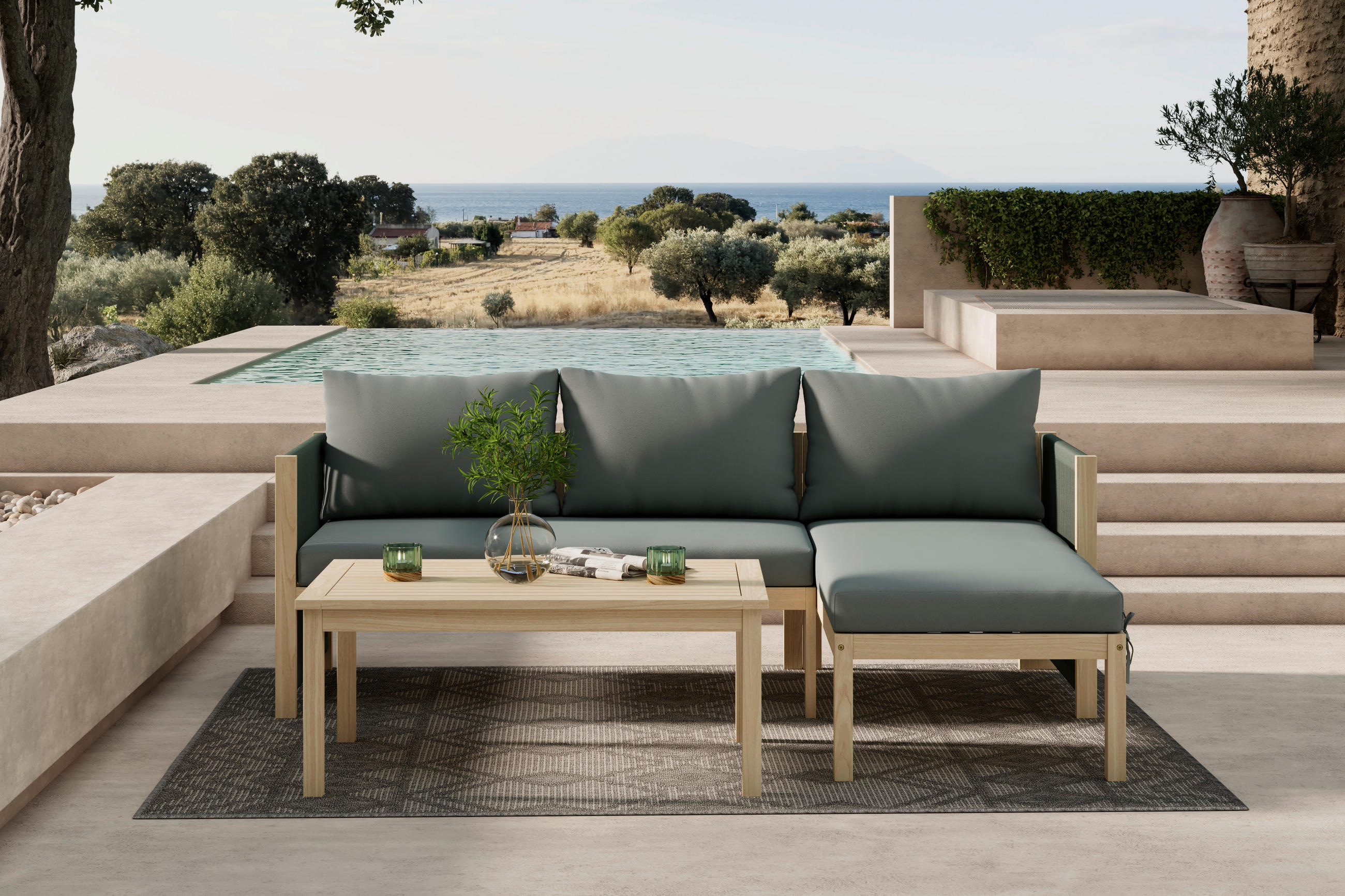 TERASOVÁ SEDACÍ SOUPRAVA 3dílné, dřevo, plast - barvy akácie, Moderní, dřevo/plast (198/132cm) - Ambia Garden