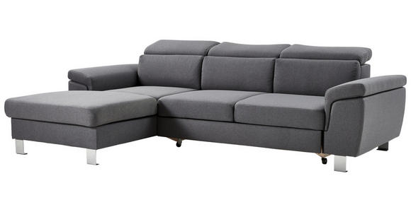 ECKSOFA inkl.Funktionen Grau Webstoff Bettkasten, Schlaffunktion, Rücken echt, Kopfteilverstellung  - Silberfarben/Grau, Design, Textil/Metall (167/250cm) - Xora