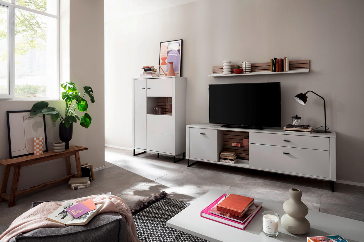 WOHNWAND  in Weiss, Eichefarben 326/152/44 cm  - Weiss/Eichefarben, Design, Glas/Holzwerkstoff (326/152/44cm) - Stylife