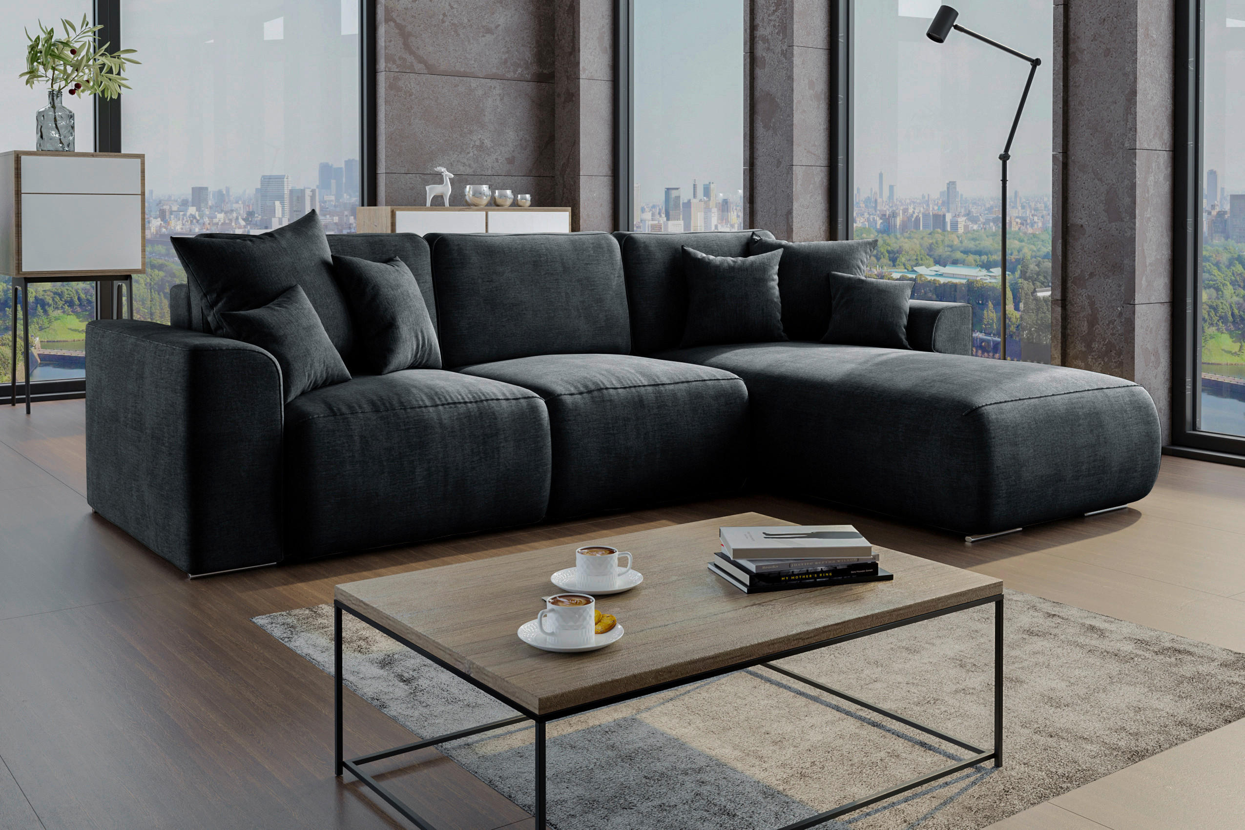 ECKSOFA in Samt Dunkelgrau  293/195 cm  - Chromfarben/Dunkelgrau, KONVENTIONELL, Kunststoff/Textil (293/195cm) - Carryhome