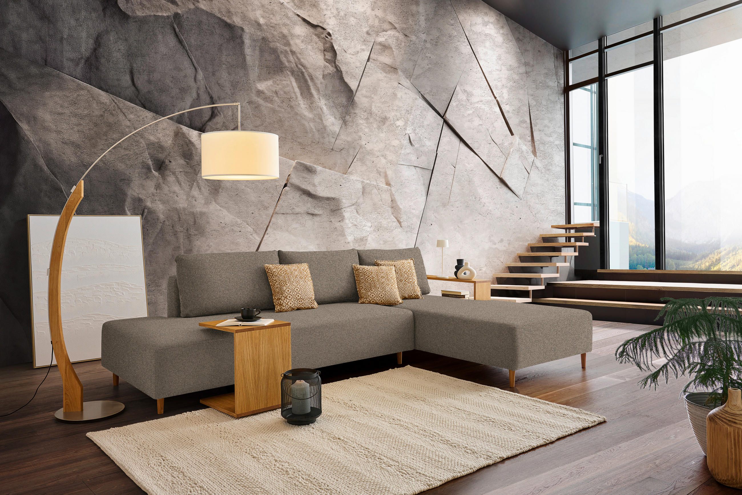 ECKSOFA in Flachgewebe Greige  - Greige/Eichefarben, Design, Holz/Textil (307/190cm) - Joka