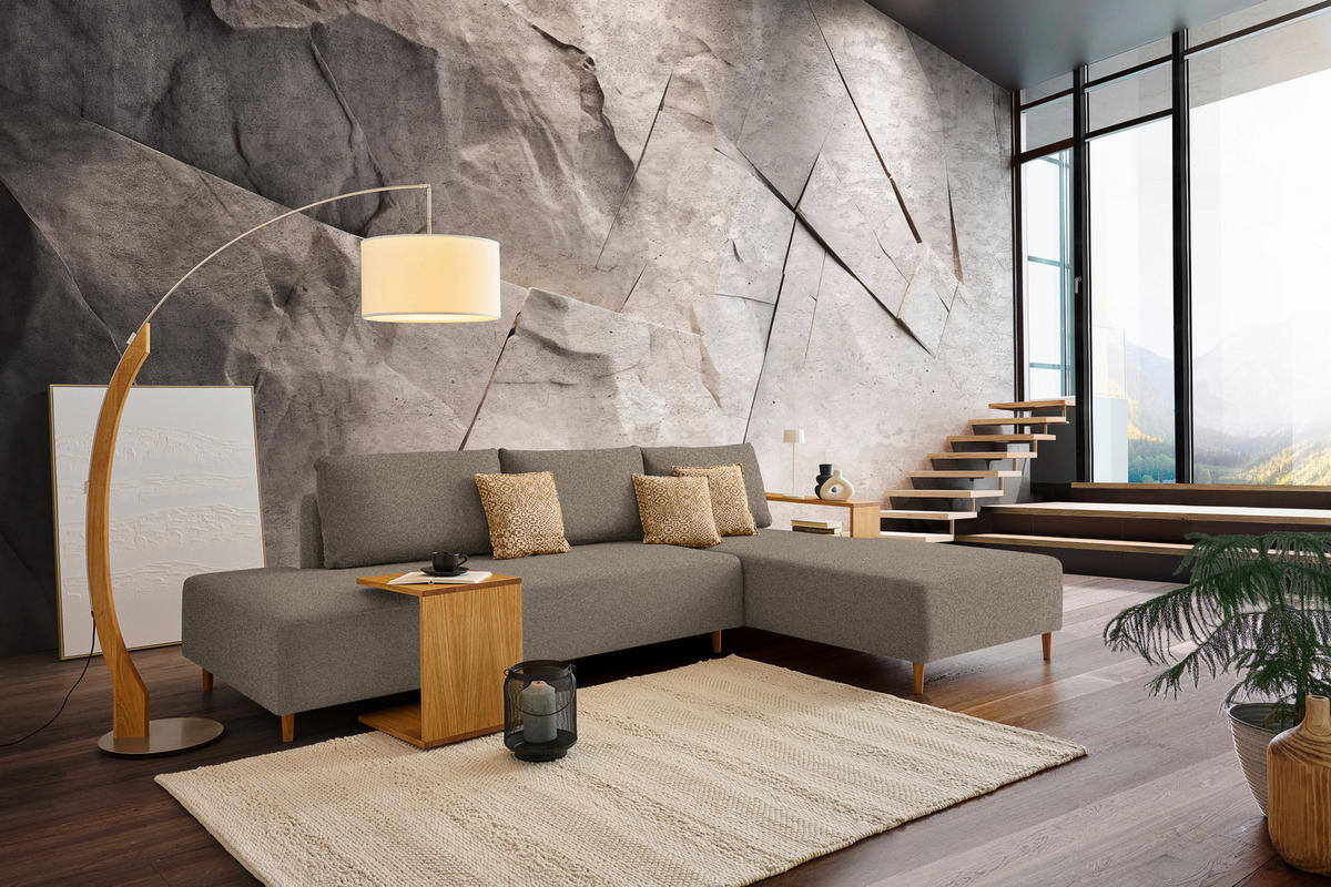 ECKSOFA in Flachgewebe Greige  - Greige/Eichefarben, Design, Holz/Textil (307/190cm) - Joka
