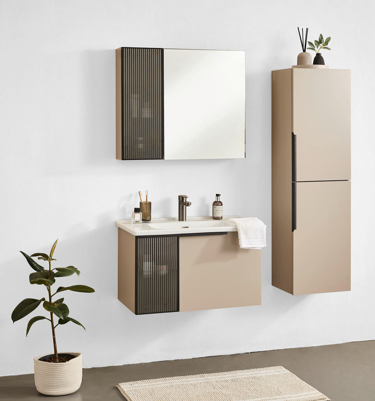 BADEZIMMER 3-teilig  in  - Weiß Hochglanz/Beige, MODERN, Glas/Holz (80/114/45cm) - MID.YOU