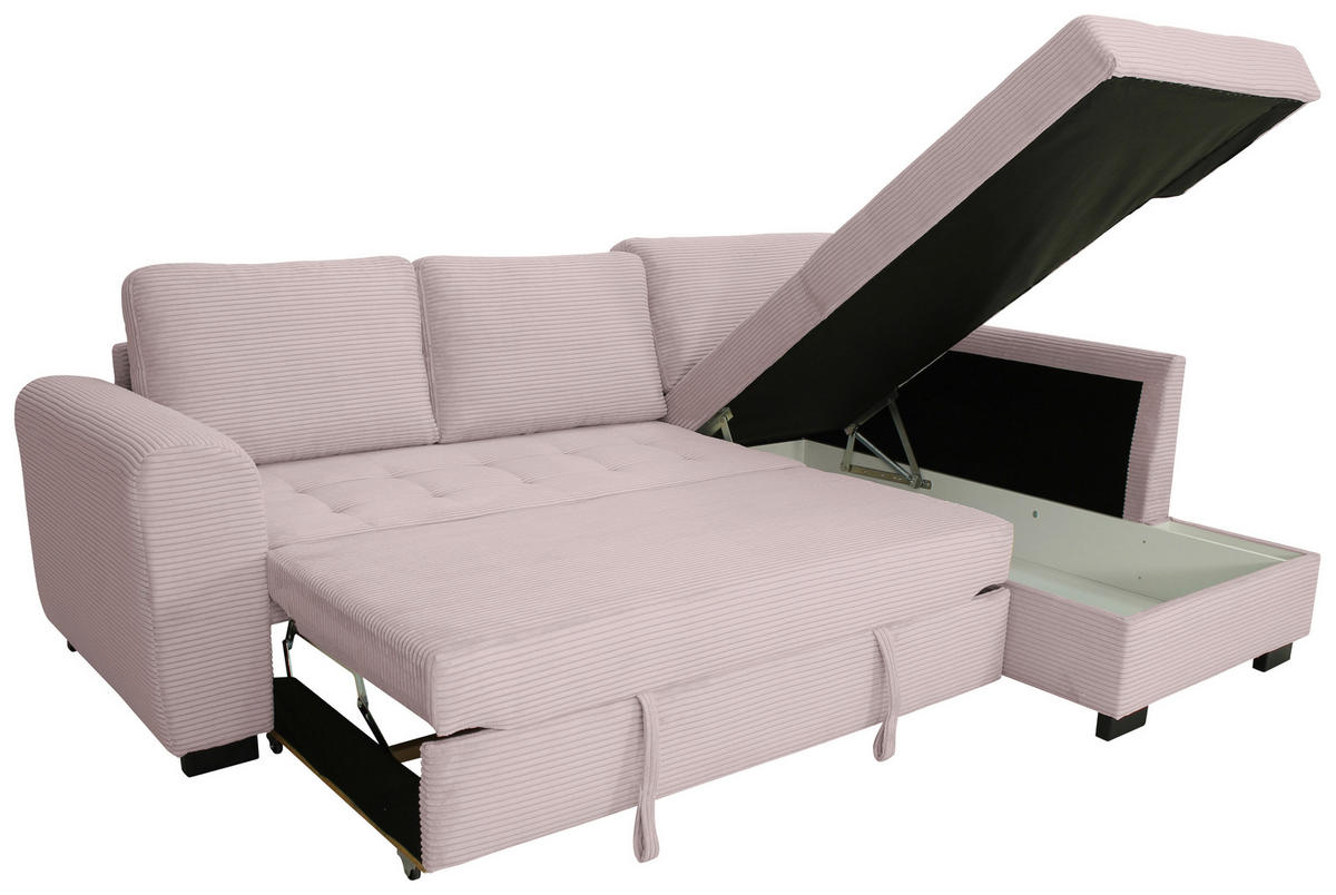 ECKSOFA JOHN Rosa Cord Rückenkissen, Bettkasten, Liegefläche im Originalstoff  - Schwarz/Rosa, Trend, Kunststoff/Textil (239/178cm) - P & B