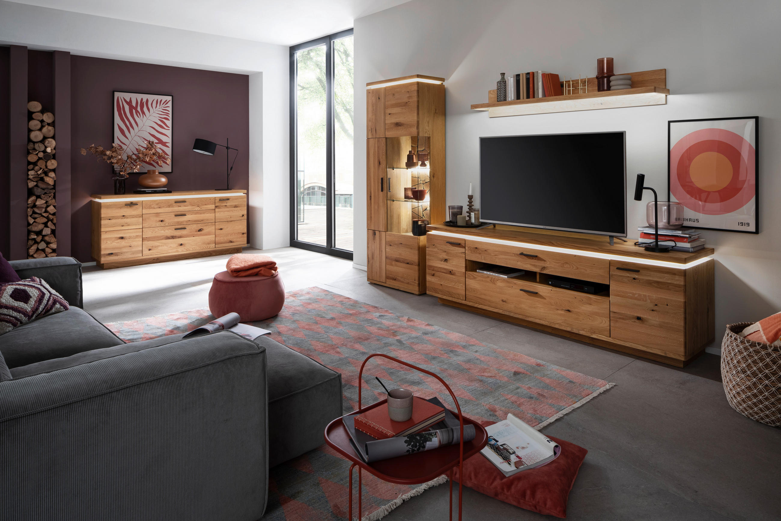 WOHNWAND  in Eichefarben 300/204/50 cm  - Eichefarben/Anthrazit, Natur, Glas/Holz (300/204/50cm) - Linea Natura