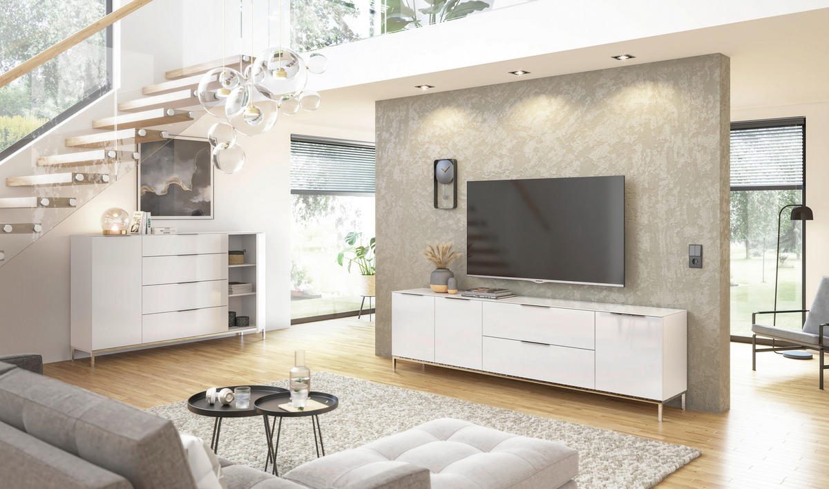 SIDEBOARD style  in 180/98,7/40 cm  - Chromfarben/Weiß Hochglanz, Basics, Glas/Holzwerkstoff (180/98,7/40cm)