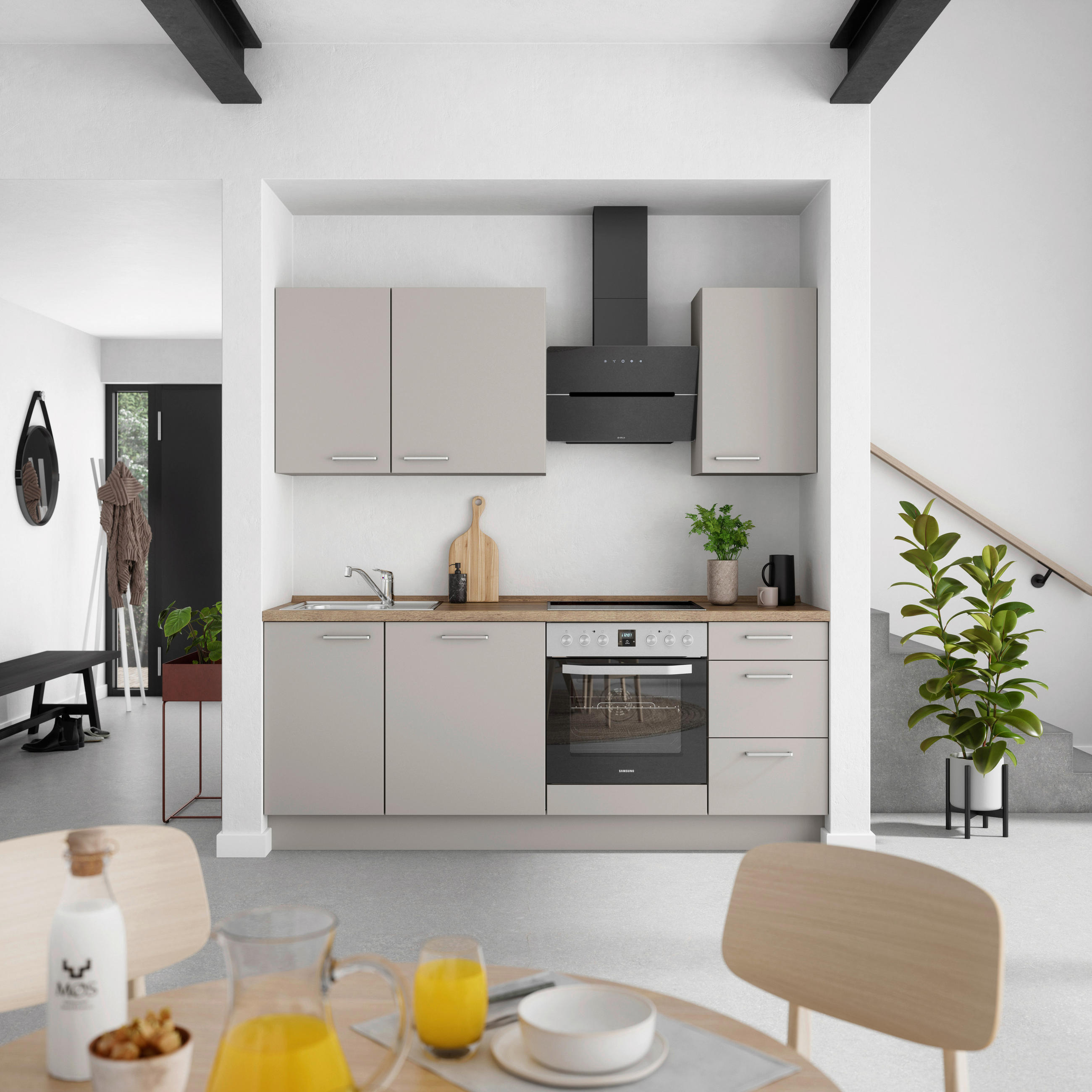 KÜCHENBLOCK 210 cm   in Grau, Eiche dunkel  - Eiche dunkel/Edelstahlfarben, MODERN, Holzwerkstoff/Metall (210cm) - Nobilia