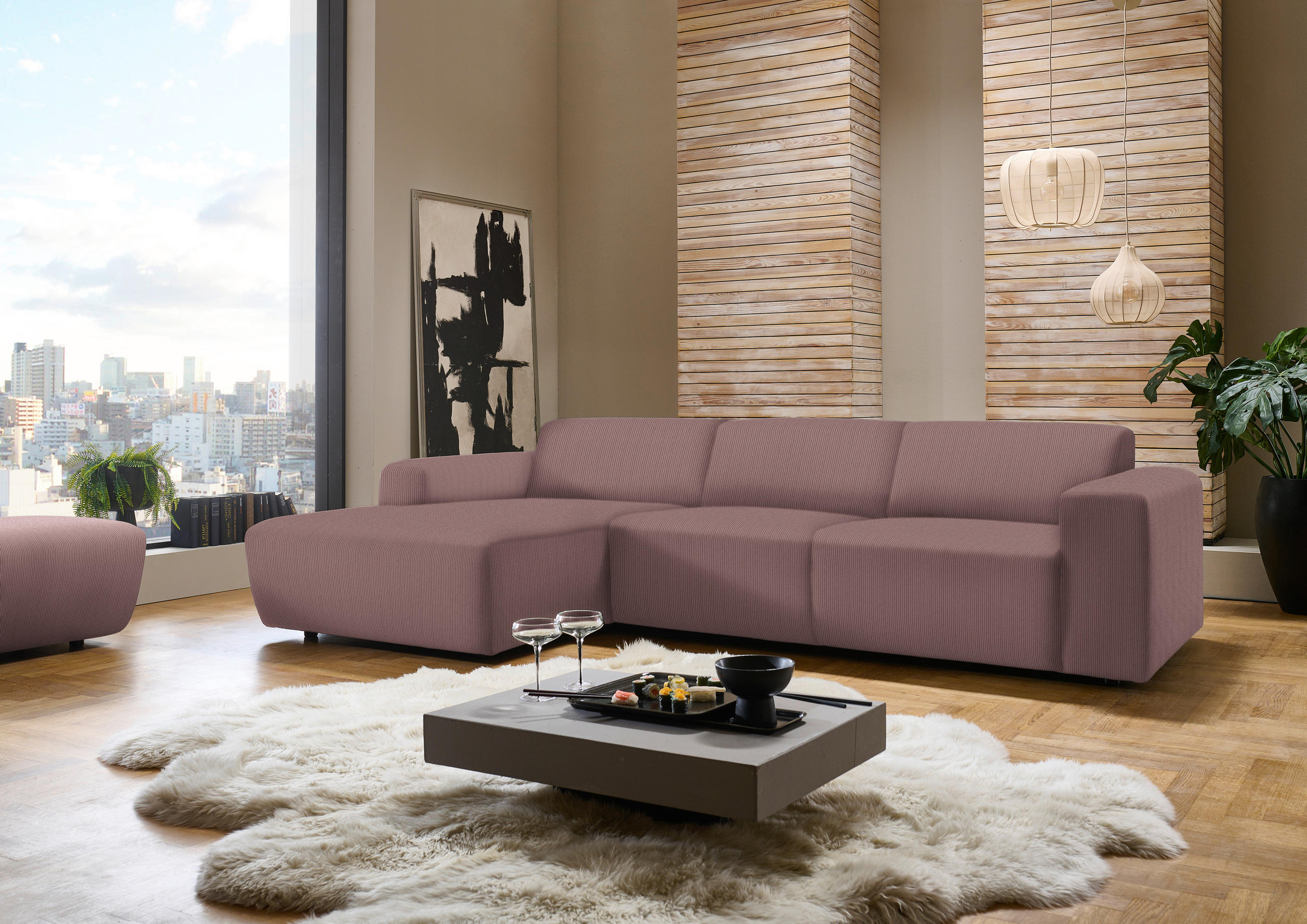 ECKSOFA Altrosa Feincord  - Schwarz/Altrosa, Design, Kunststoff/Textil (174/302cm) - Beldomo Style